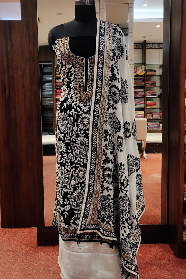 Chikankari Unstitched Salwar Suit In Black