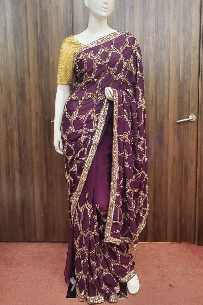 Chinon Crepe Silk Saree In Magenta Color