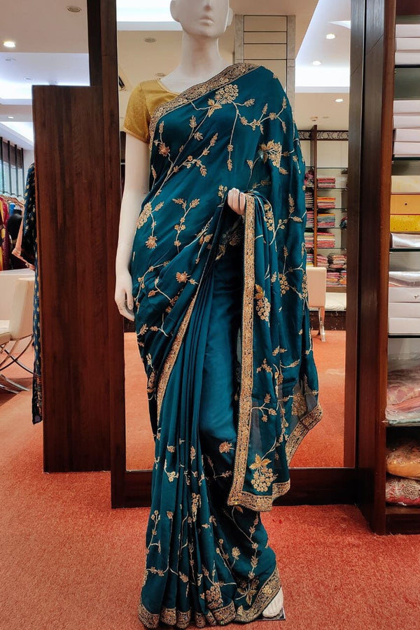 Chinon Saree In Green Color
