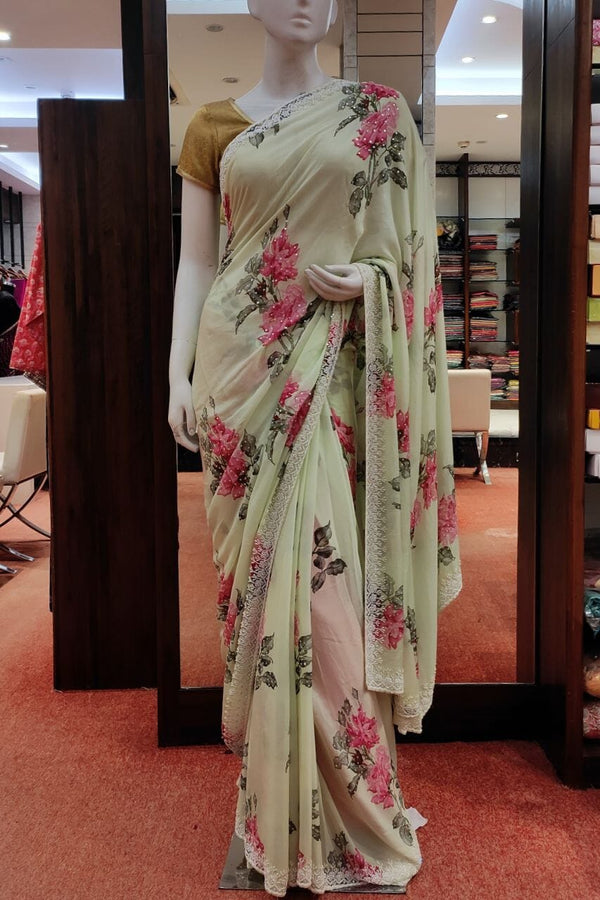 Chinon Saree With Floral Printed