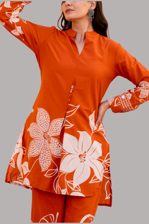 Summer Co-Ord Set In Cotton- Orange Colour