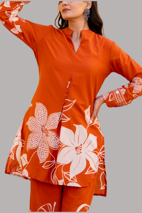 Summer Co-Ord Set In Cotton- Orange Colour