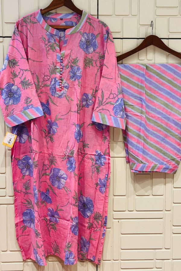 Plus Size Cotton Kurta Pant Set In Pink-