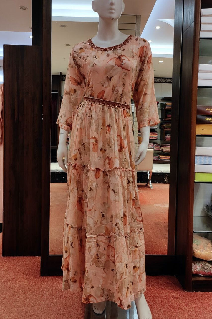 Cotton Printed Gown In Peach Color