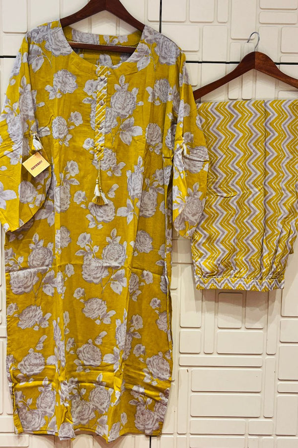 Plus Size Cotton Kurta Set In Yellow- 6XL