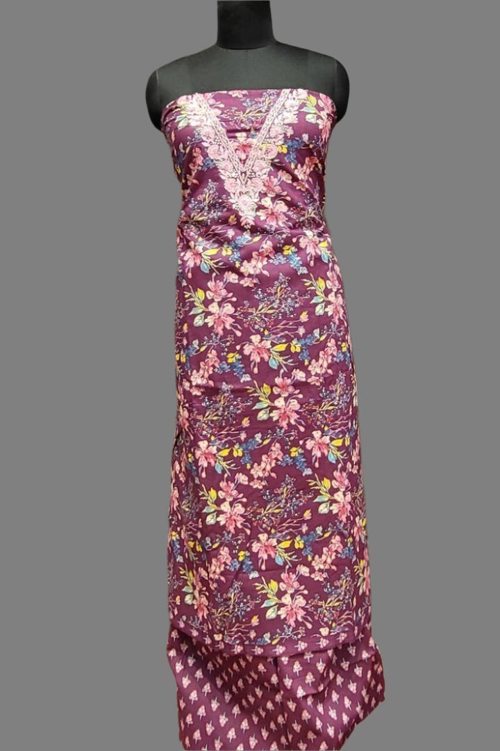 Cotton Unstitched Suit Piece With V Neck Style