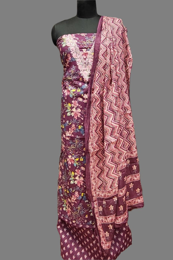 Cotton Unstitched Suit Piece With V Neck Style
