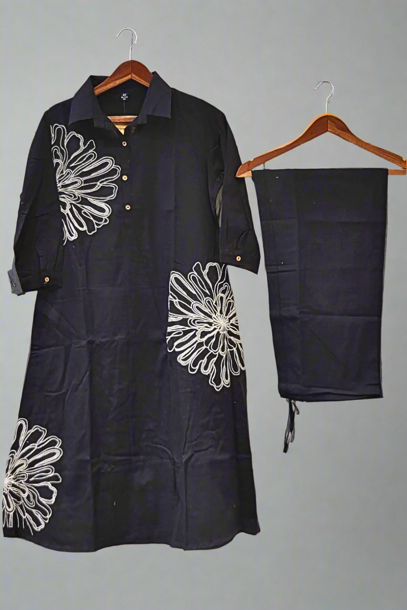 Cotton Black Kurti with Pant Style Bottom