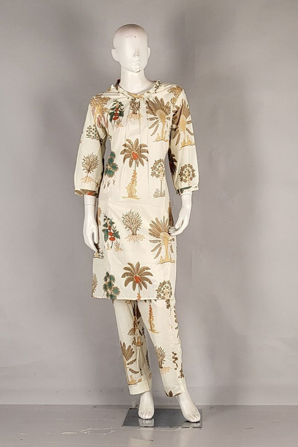 Cotton Kurti Pant Set for Women- Off White Colour