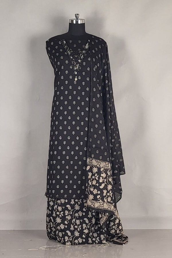 Cotton Salwar Suit Piece with V- Neck- Black Colour