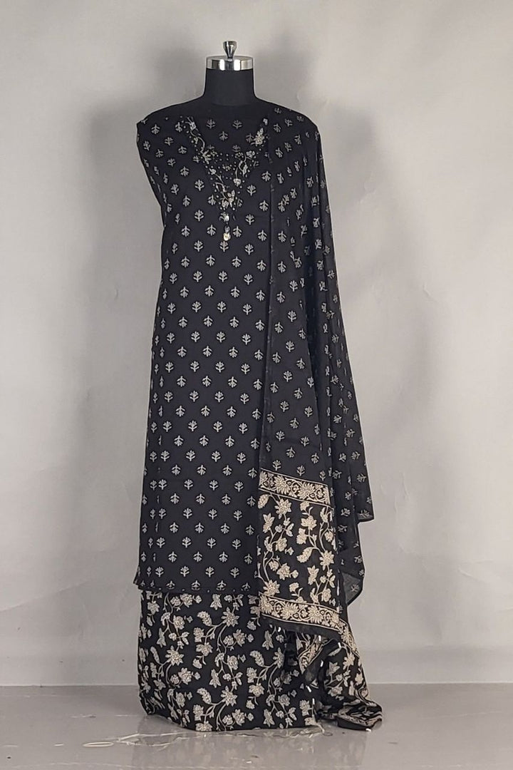 Cotton Salwar Suit Piece with V- Neck- Black Colour
