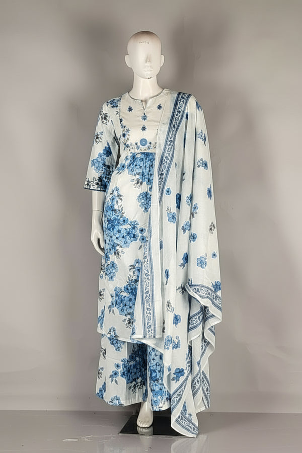 Cotton Salwar Suit with Dupatta- White and Blue