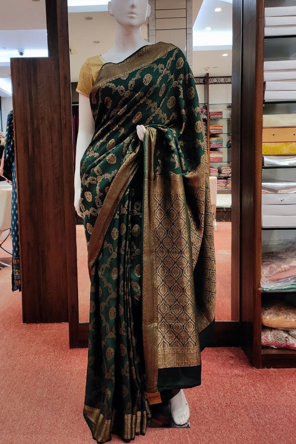 Crepe Khaddi Saree In Dark Green Color
