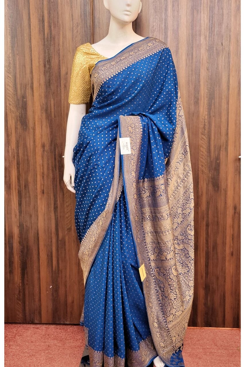 Crepe Silk Saree In Peacock Blue Color