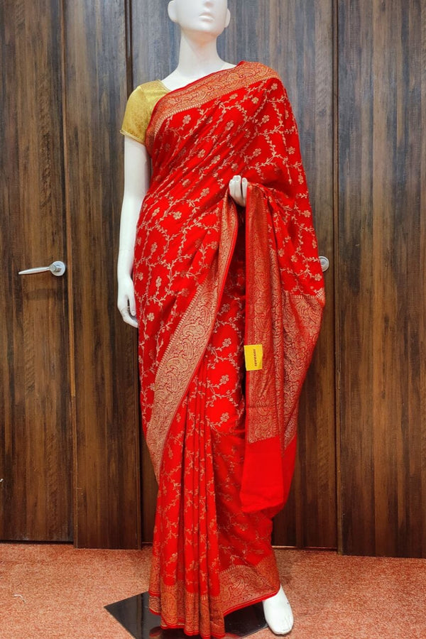 Crepe Silk Saree In Red For Karwa Chauth