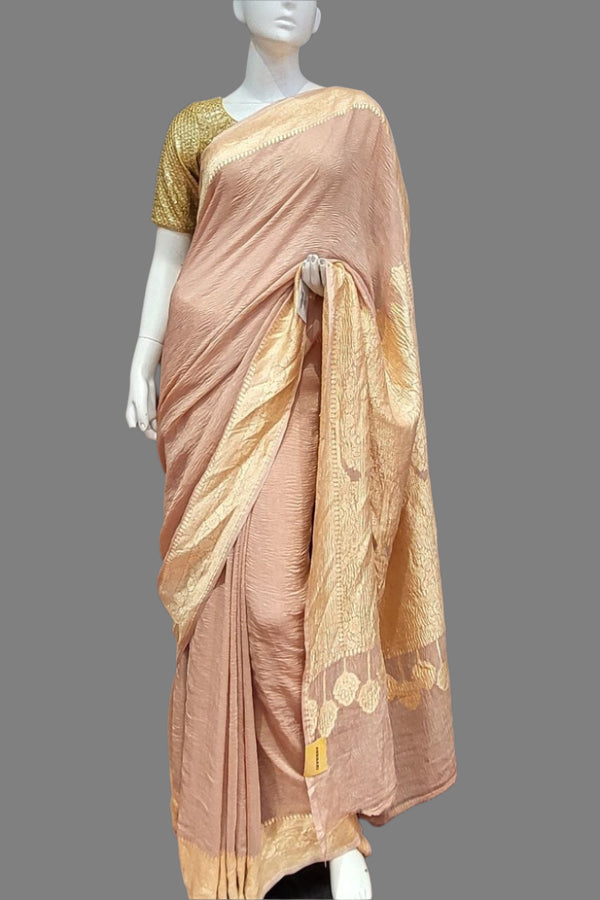 Khaddi Crushed Saree in Golden Colour for Partywear