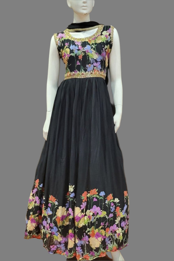 Party Wear Black Gown with Embroidered Yoke