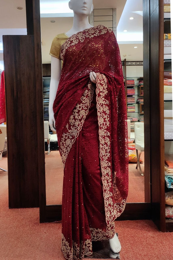 Designer Net Saree With Golden Pearl Cut Work