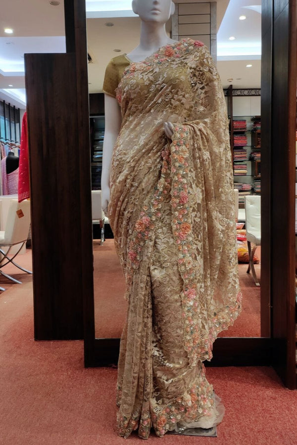 Designer Net Saree With Sequins Cut Work In Beige