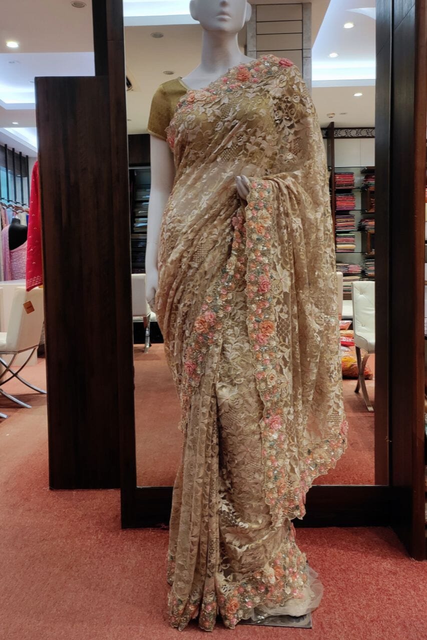 Designer Net Saree With Sequins Cut Work In Beige