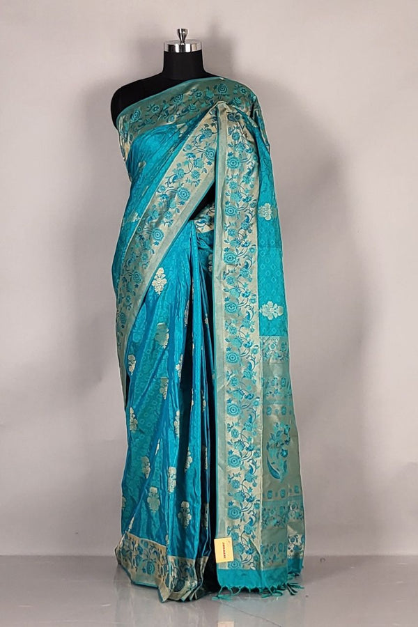 Durga Puja Saree in Teal Blue Silk Fabric