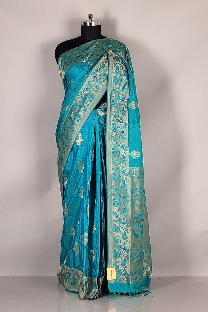 Durga Puja Saree in Teal Blue Silk Fabric