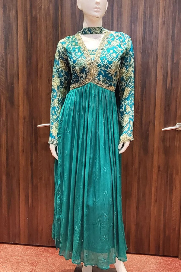 Embroidered Gown In Sea-Green color