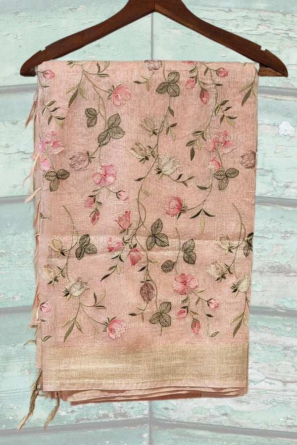 Handloom Linen Saree In Light Pink Colour