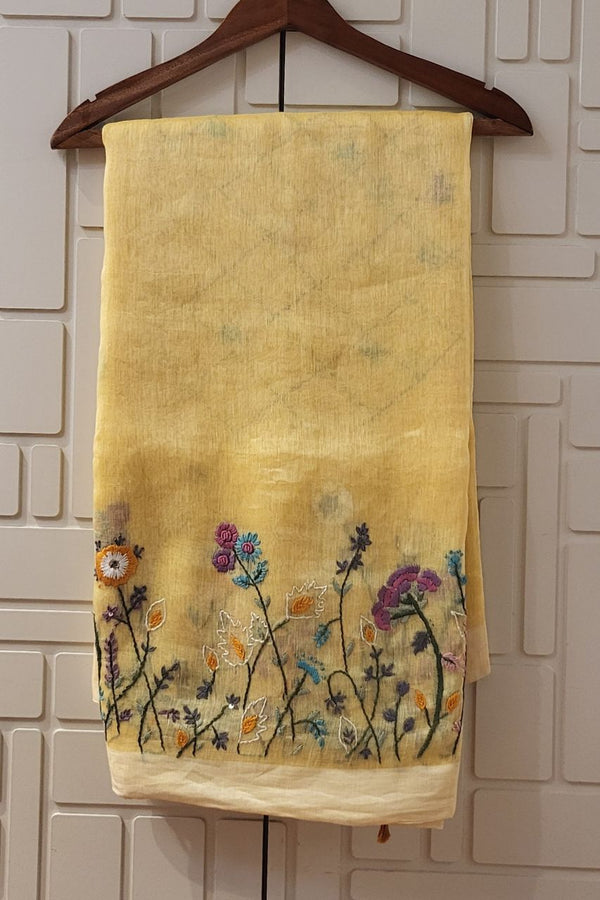 Embroidered Linen Saree In Yellow Color