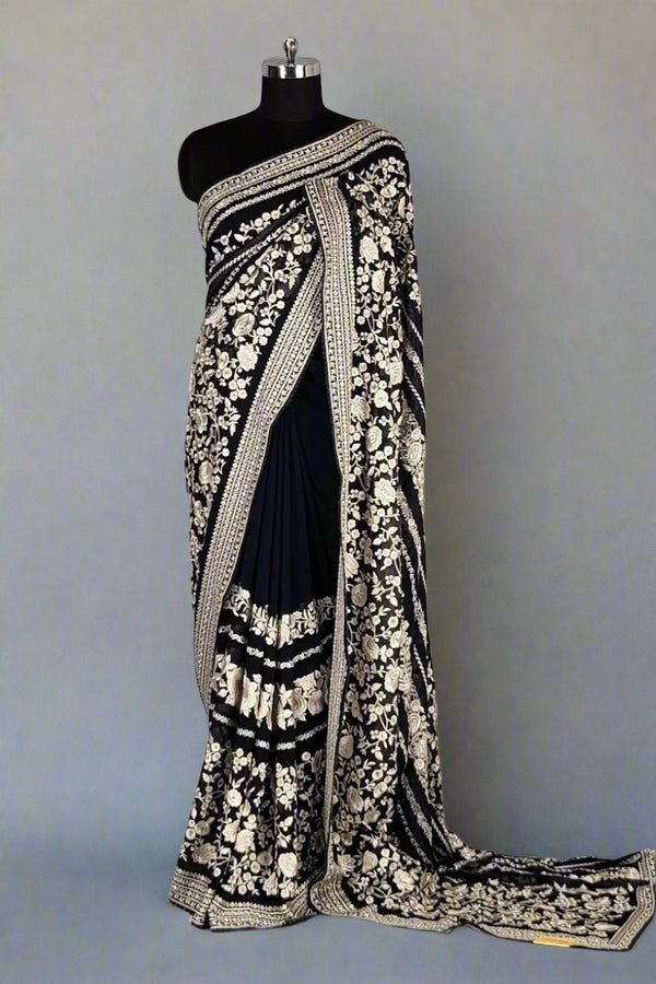 Embroidered Georgette Saree for Diwali- Navy Blue