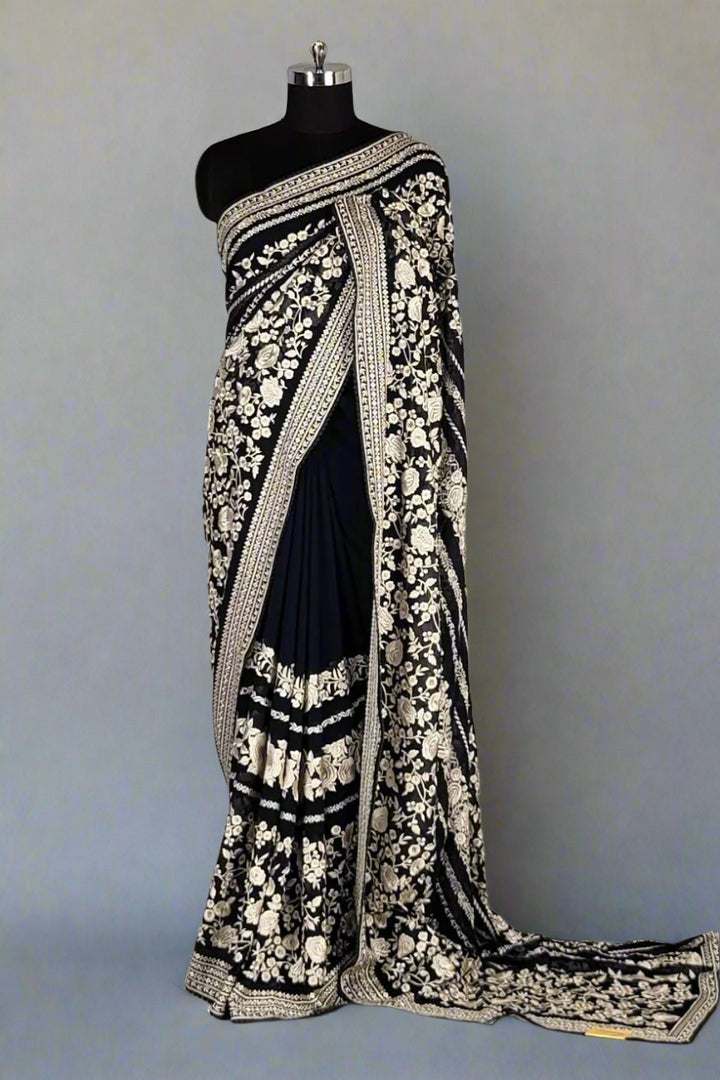 Embroidered Georgette Saree for Diwali- Navy Blue