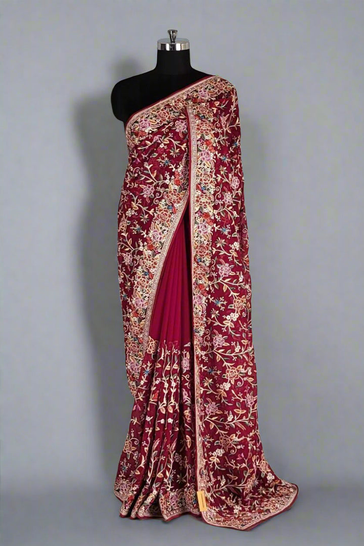Embroidered Georgette Saree for Diwali- Red Colour