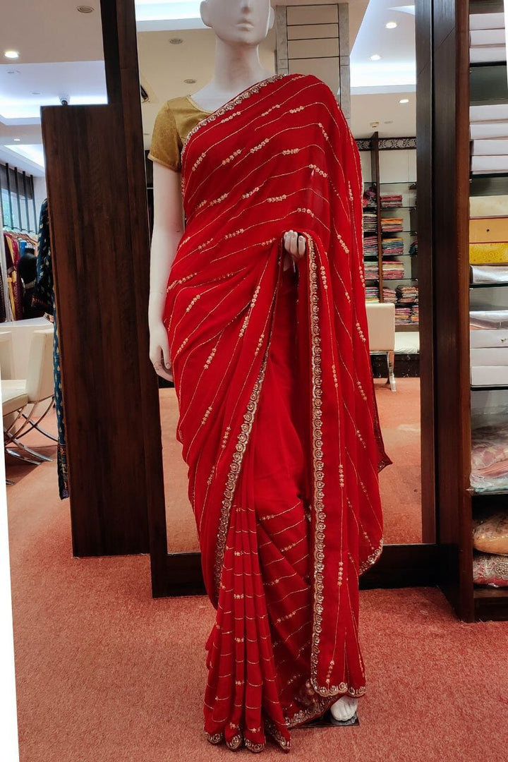 Fancy Red Saree In Chinon