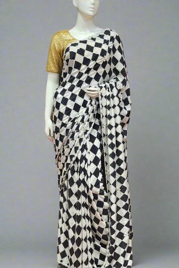 Party Wear Crepe Saree with Check Prints