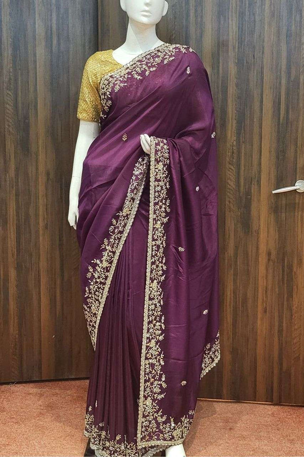 Eid Special Organza Saree In Wine Color