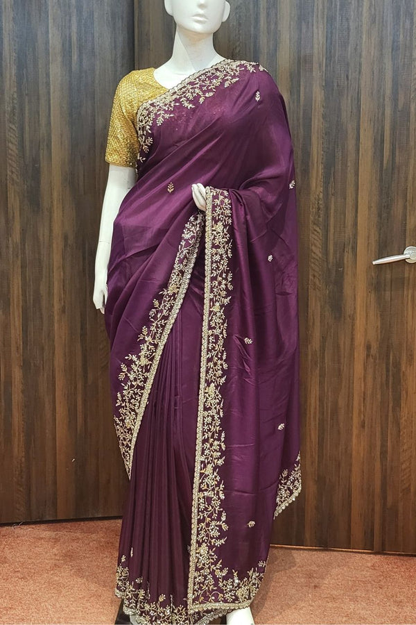Eid Special Organza Saree In Wine Color