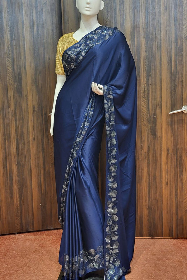 Eid Saree in Blue Colour Plain Satin
