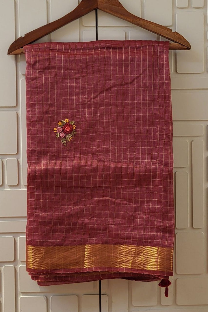 Embroidered Linen Saree in Onion Pink Colour