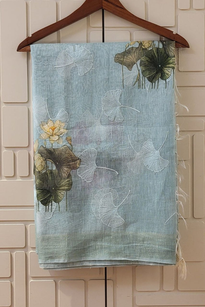 Printed Linen Saree With Self Colour Woven Border