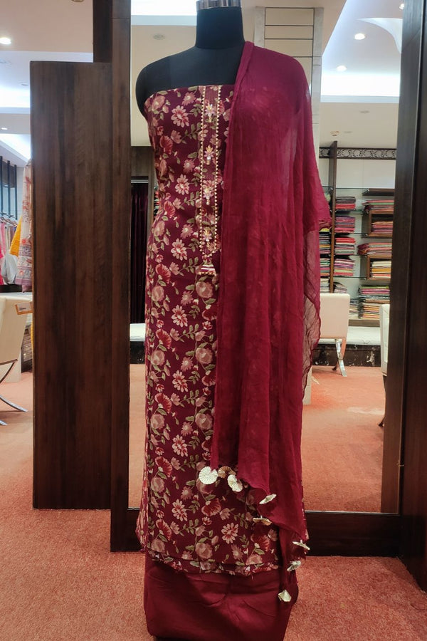 Floral Printed Suit Piece In Maroon