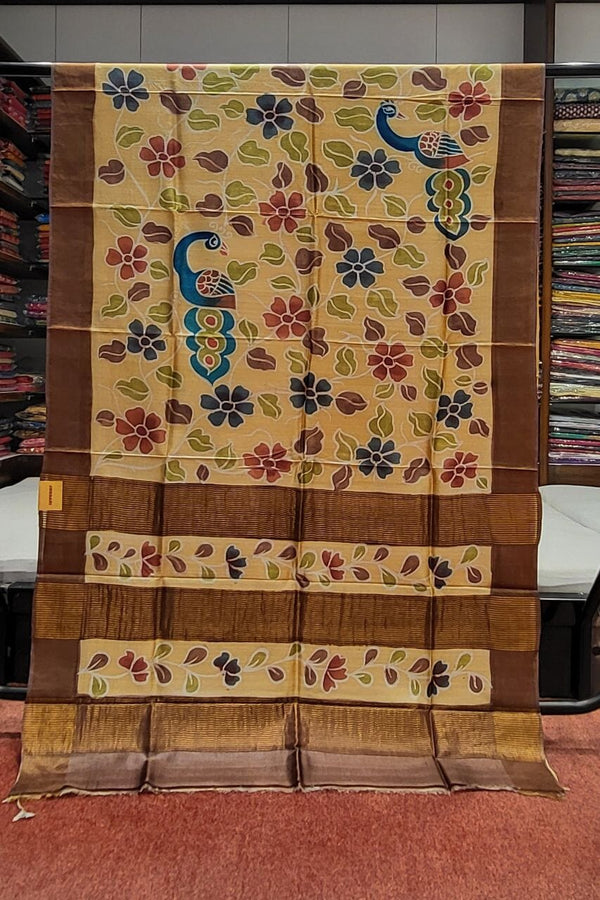 Floral Printed Tussar Silk Saree In Beige Color