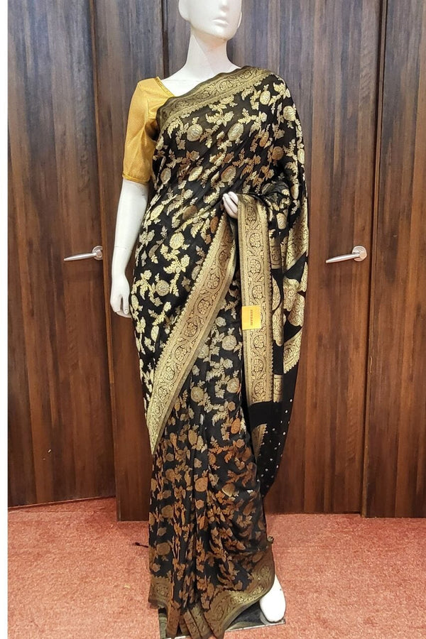 Georgette Saree on Black with Golden Zari Woven