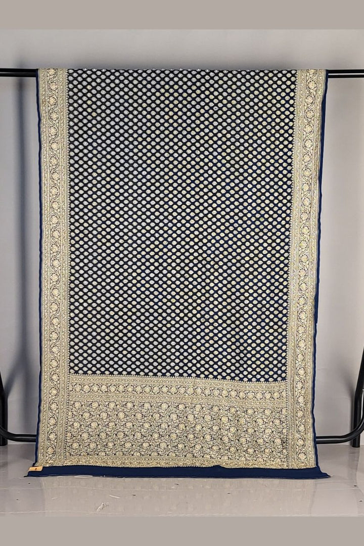 Pure Khaddi Saree in Blue Georgette- Zari Booti