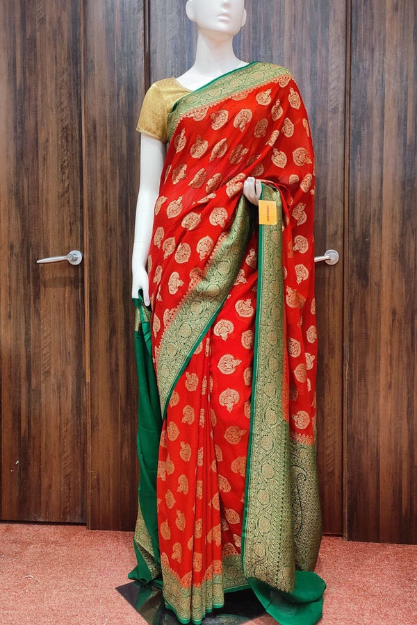 Georgette Saree In Red For Karwa Chauth
