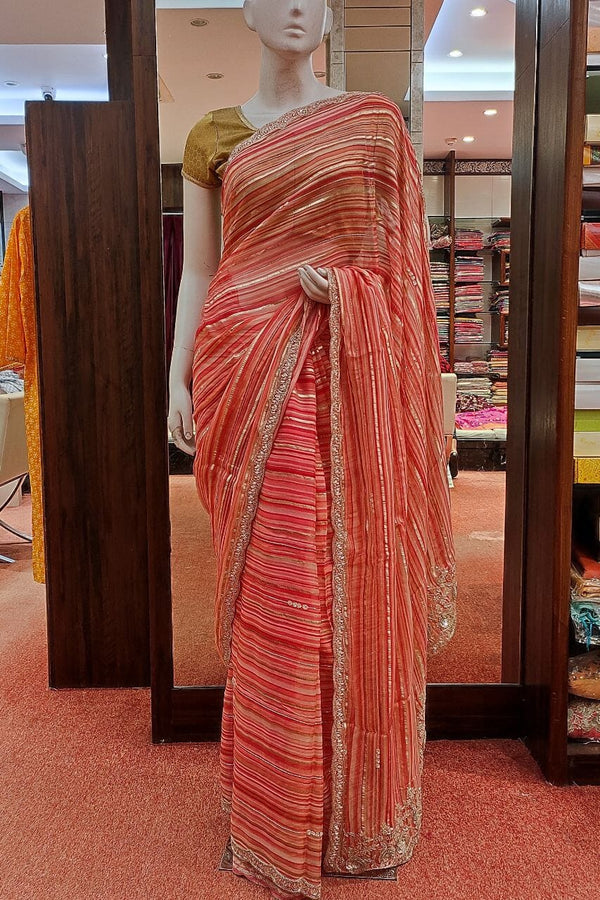 Georgette Saree With Stripes In Peach
