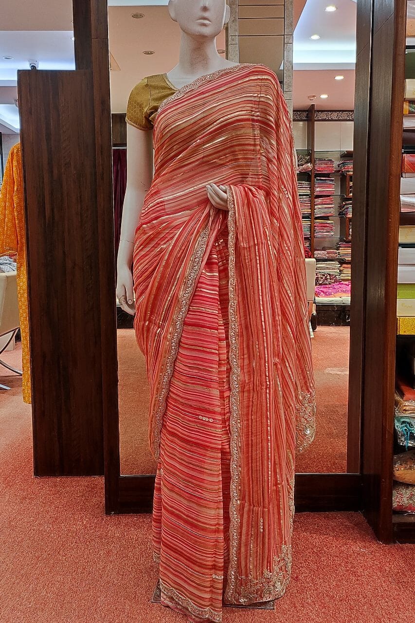 Georgette Saree With Stripes In Peach