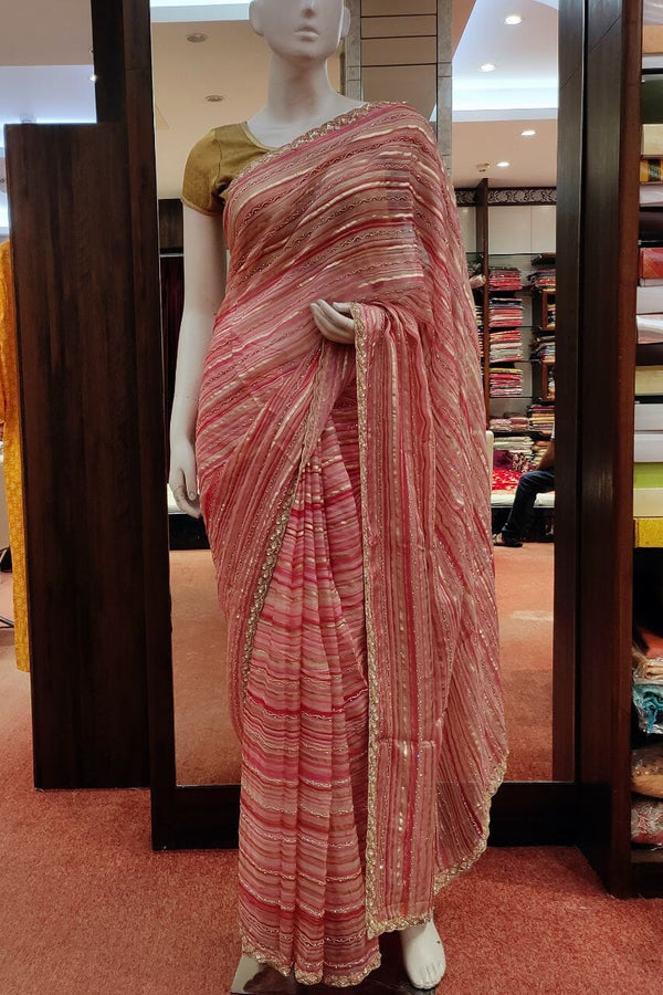 Georgette Saree With Stripes In Pink