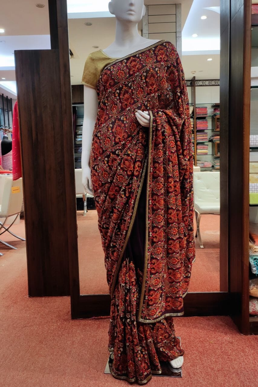Georgette Saree With Thread Work In Wine