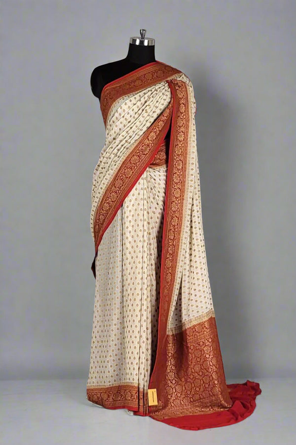 White and Red Saree in Georgette Khaddi