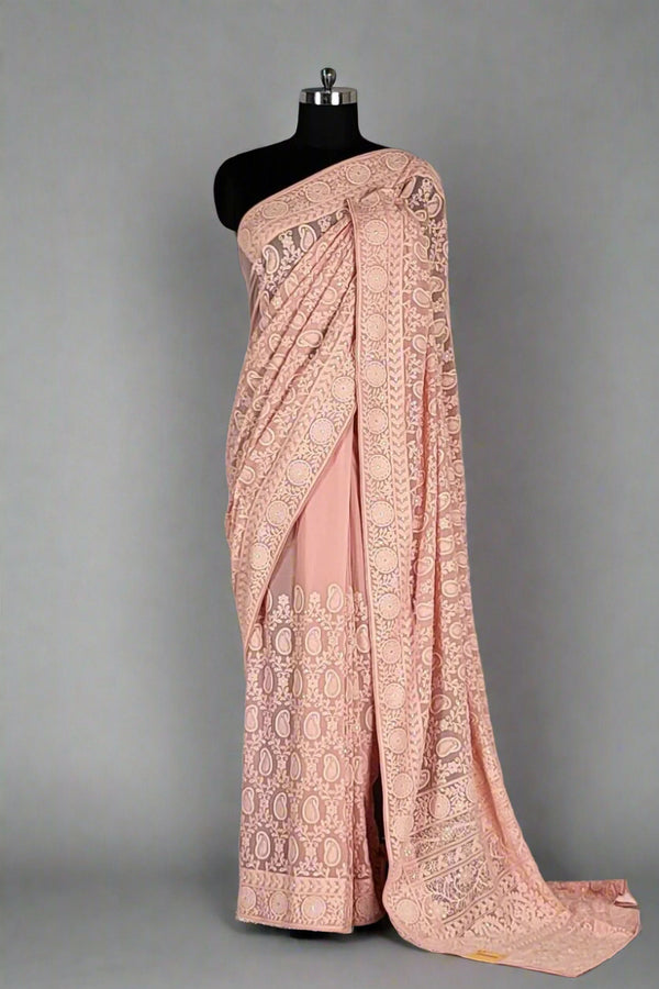 Georgette Saree With Thread Embroidered - Peach Colour